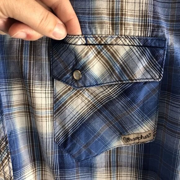 Wrangler Wrancher Mens Size 3X Blue Plaid Pearl Snap Shirt Cowboy Farmer Classic - Picture 7 of 16